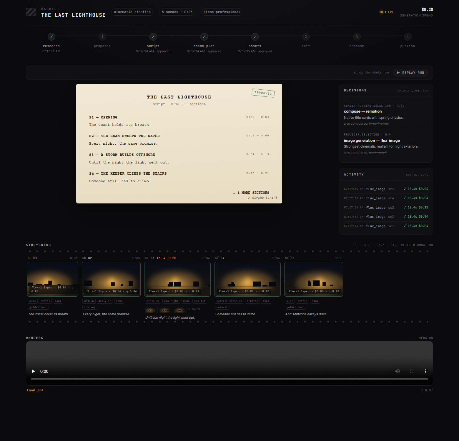 Backlot storyboard — filmstrip with takes and renders